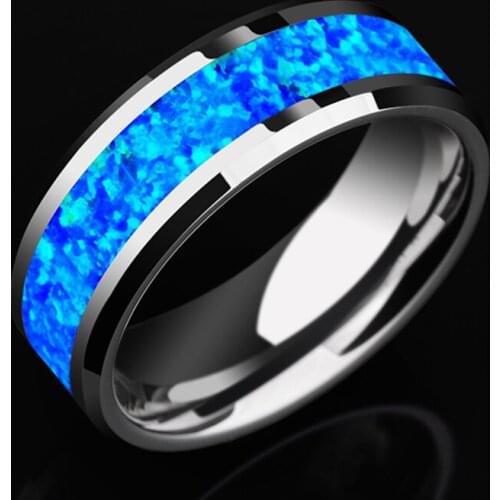 2020 New Luxury 8mm Tungsten Steel Ring Inlaid Blue Opal Wedding Ring Mens Never Faded Engagement Promise Jewelry Gift