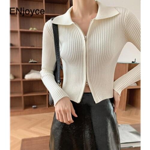 New Women Dual Zipper Sweater Cardigans Fashion Girl Cropped Cardigans Ribbed Knit Sweaters Female 2020 Fall Winter