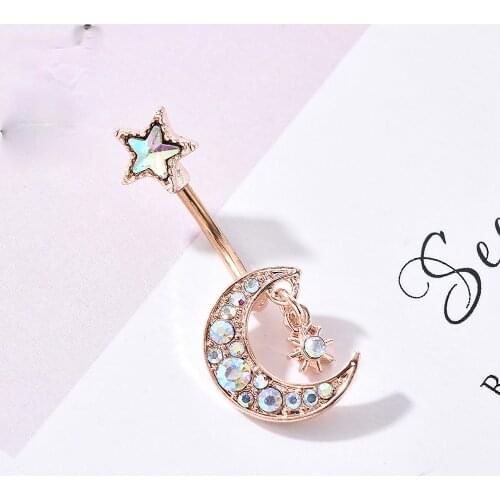 One Sexy Star Moon Wear Belly Rhinestone Anti Allergy Surgery Steel Navel Ring Lady Body Jewelry Barbell Lady Accessories