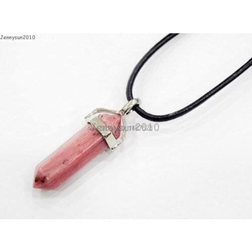 Natural Rhodonite Gems Stones Hexagonal Pointed Healing Reiki Chakra Pendant Black Leather Cord Necklace18''lnch 5 Sets/Pack