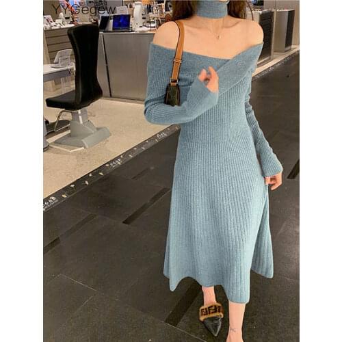 YYGegew sexy slim a-line Sweater dress Women winter autumn slash neck thick dress 2021 French sweater dress long sleeve