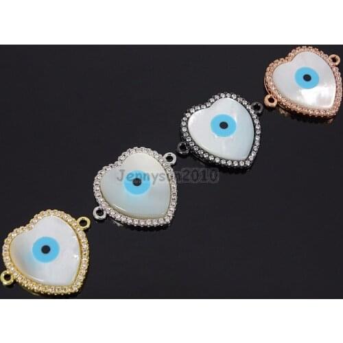 Clear Zircon Gems Stones Pave Heart Lucky Eye Mother Of Pear Bracelet Connector Charm Beads 10Pcs/Pack