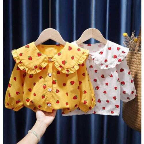 Girls Long Sleeve Shirt Fashion Strawberry Baby Kids Clothing Spring Toddler Infant Children Ruffles Princess Tops Blouse O-Neck