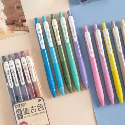 Retractable Vintage Color Gel Pen Quick-drying 0.5mm Binder Clip Soft Rubber Pen Grip Bullet Retro Pen School Office Supplies