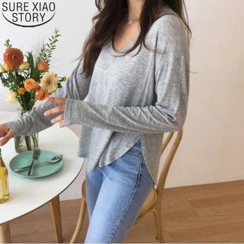 Korean Womens Clothing Cotton T-shirts Spring and Autumn Leisure Thin V Collar Solid Split Long Sleeve Tees Women Tops 12184