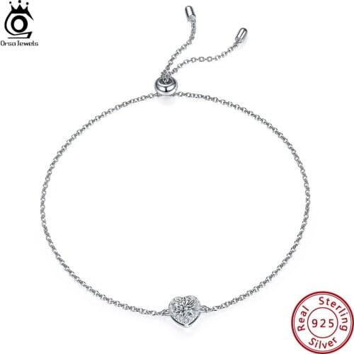 ORSA JEWELS Real 0.5ct DE Color Heart Shape Moissanite Bracelet for Women 925 Sterling Silver Bracelets Party Jewelry Gift SWB05