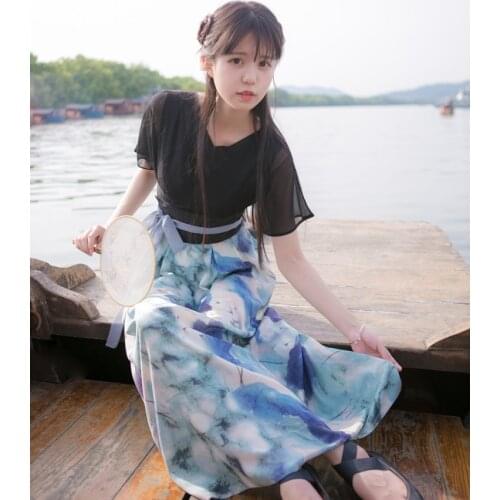 "Goodbye Lemna" 2Pcs Set Womens Elegant Chinese Style Vintage Daily Dress Hanfu Cross V-Neck Long Dress