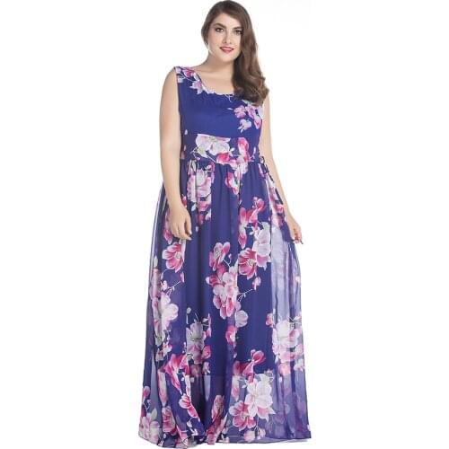 Plus Size Women 6XL Beach Dress Summer O-Neck Chiffon Maxi Print Dress