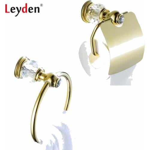 Leyden Golden Finish Brass And Crystal 2pcs Bath Hardware Sets Toilet Roll Paper Holder Towel Ring Set Bathroom Accesories