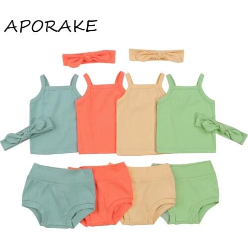 2021 0-2Y Cute Infant Summer Baby Girls Clothing Set Solid Color Square Collar Spaghetti Strap Top Vest+Shorts+Bowknot Headband
