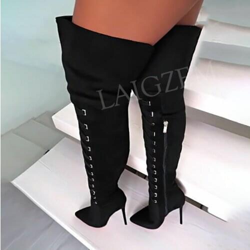 BERZIMER Women Thigh High Boots Suede Stiletto Heels Shoes Woman Side Zip Over Knee Ladies Zapatos Botas Large Size 43 44 47