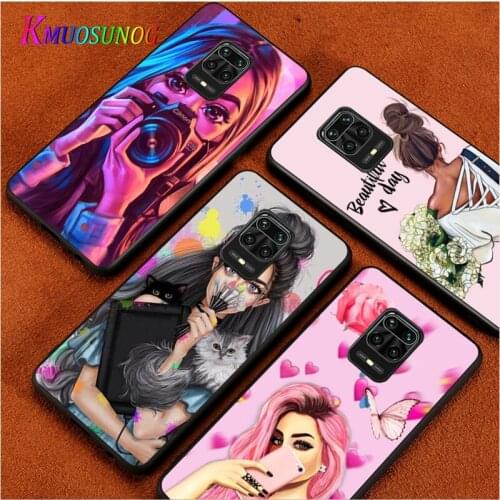Fashion Female Girl For Xiaomi Redmi Note10 10S 9T 9S 9 8T 8 7 6 5A 5 4 4X Prime Pro Max Black Phone Case