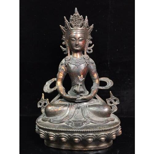 11"Chinese temple collection Old Bronze Cinnabar Lacquer Longevity Buddha Immeasurable life wisdom Ornaments Town House