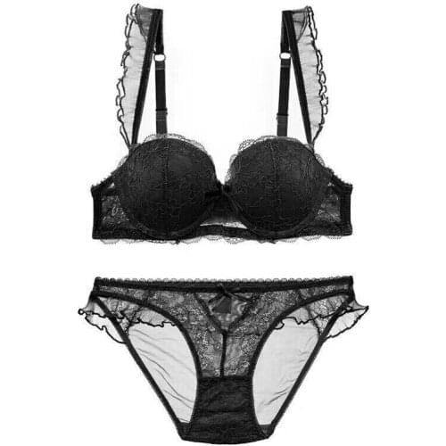 Sex Womens Bra&Underwear Set Lingerie Push Up Lace Breathable Panties Ruffle for Woman Classic White Black Free Shipping