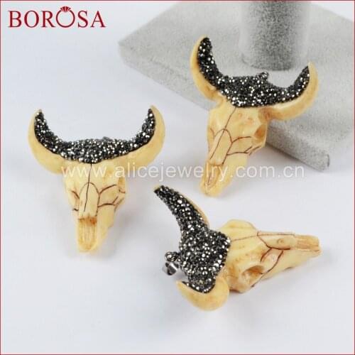 BOROSA Cattle Resin OX Head Pendant for Necklace,Horn Cattle Bull Buffalo Longhorn Pendant Paved Black Zircons JAB712