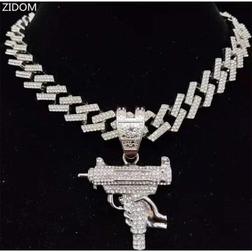 Men Women Hip Hop Iced Out Bling submachine gun Pendant Necklace 13mm rhombus Cuban Chain HipHop Necklaces Fashion Charm Jewelry