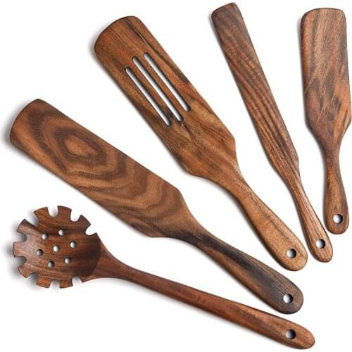 Spurtle Set, Wooden Cooking Utensils Teak Heat and Moisture Resistance Non-Stick Wood Cookware with Hanging (5Pcs)