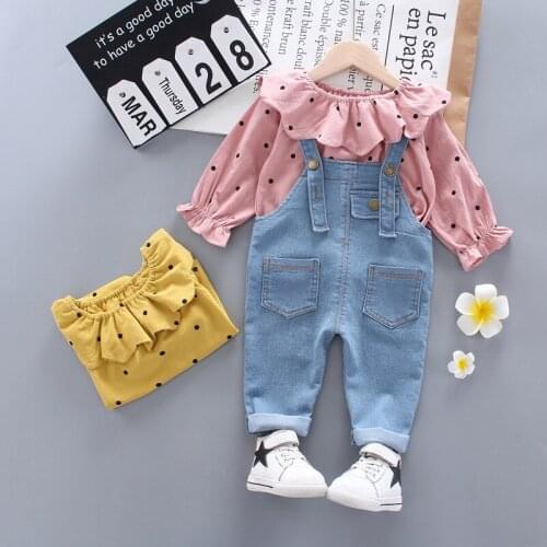 Girls Clothes Childrens Clothing Sets Dot printing Long Sleeve shirt Denim overalls kids Suits Baby Clothes 2pcs Boy Set