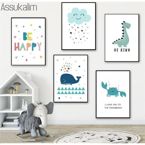 Nursery Wall Art Painting Dinosaur Whale Canvas Print ABC Poster Cloud Balloon Posters Nordic Wall Pictures For Baby Room Decor