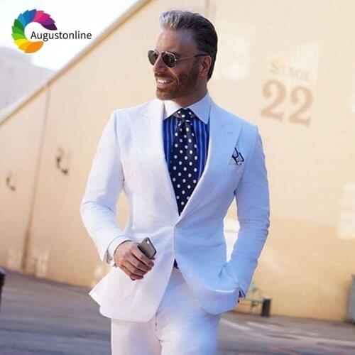 Slim Fit Linen White Wedding Men Suits Groom Wear Tuxedos 2 Pieces (Jacket+Pants) Pesked Lapel Bridegroom Suits Best Man Blazer