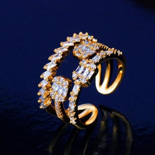 Bride Talk New Design Adjustable Rings 3 Layers Geometric Clear Cubic Zirconia Open Cuff Ring For Women Wedding Party Jewelry