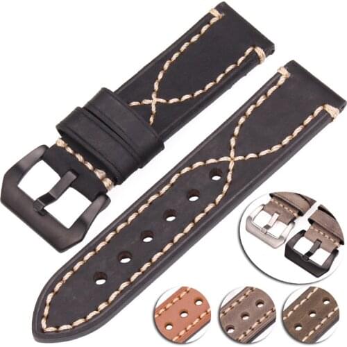 Cowhide Watchbands 22mm 24mm Genuine Leather Watch Strap Band Accessories Bracelet Black Buckle For Panerai