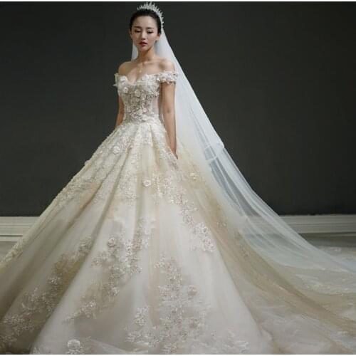 Custom Made Wedding Dresses Ball Gown Fluffy Tulle 3D Flowers Lace Beads Pearls Luxury Wedding Gowns 2020 New Fashion HS18