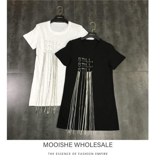 Mooishe Summer Women T Shirt Short Sleeved Diamond Tassels Chain Black White Tee Shirt Tops