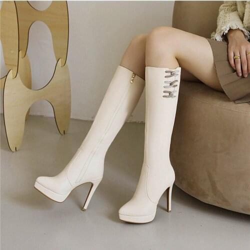 YMECHIC Sexy Stiletto High Heel Knee High Boots Side Zipper Winter 2021 Long Platform Bota Pointed Toe Party Chelsea Shoes White