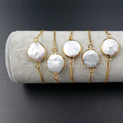WT-B306 Hotsales Natural mother of pearl bracelet, 24k gold dipped round pearl chain bracelet in adjustable size