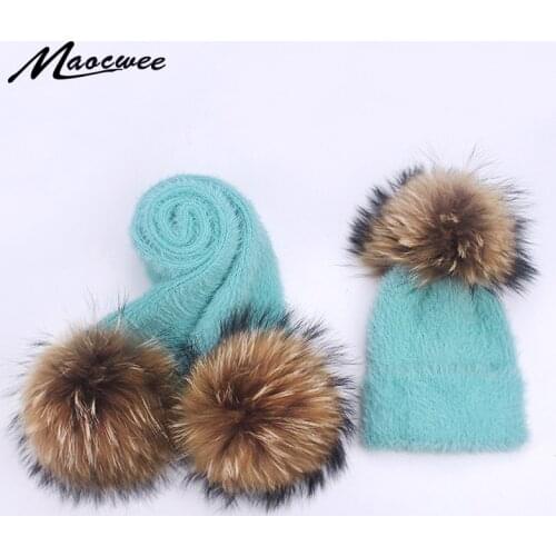 Winter Rabbit Fur Hat And Scarf Set For Women Girl Female Winter Knitted Hat Casual Solid Color Real fur Pompom