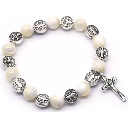 Religious Saint Benedict Exorcism Beads Crucifix Cross White Shell Beads Rosaries Bracelet for Women Prayer Confirmation Jewelry