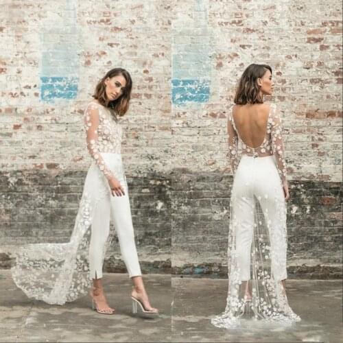 Designer Jumpsuit Beach Dresses Jewel Neck Long Sleeve Backless Ankle Length Bridal Outfit Lace Summer Wedding Gowns