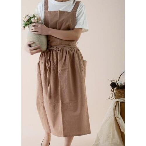 Women Cotton Linen Cross Back Apron Japanese Housework Baking Wrap Florist Dress Kitchen Cooking Aprons