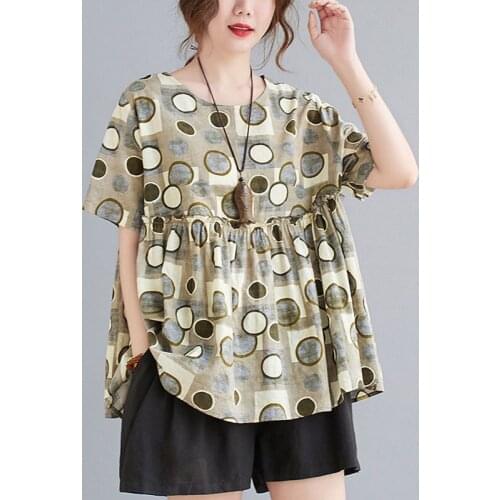 Oversized Women Cotton Linen Casual T-shirts New Arrival 2021 Summer Vintage Style Polka Dot Print Loose Female Tops Tees S3676