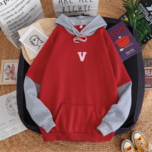 Autumn Winter Contrast Color Patchwork Hoodies Women Fleece Bangtan Boys V Print Letter Harajuku Fashion Kpop Korean Sweatshirt