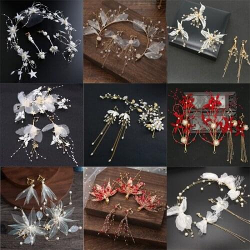 Chinese Bride Hair Accessories yarn Flower Pearl Bridal Headband With Earrings Wedding Hair Jewelry Tiaras for Women Headpiece