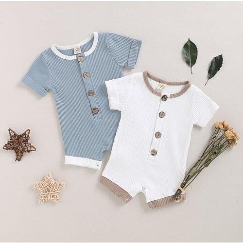 Newborn Baby Girls Boys Romper Clothes Summer Cotton Short Sleeve Solid Color Button Romper Round Neck Infant Baby Clothing D30