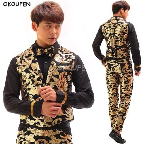 Chinese style Tang suits fashion wedding formal dress Male Gold print suits Stage costumes Male singer show party wear