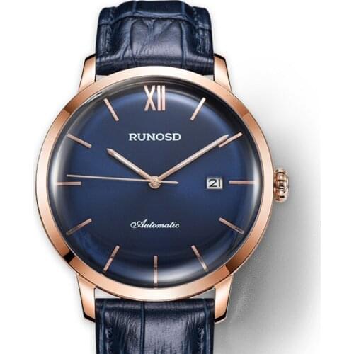 RUNOSD Mens Watch Curved Sapphire Crystal Miyota Thin Automatic Mechanical Movement Stainless Steel Dial Cowhide Watchband