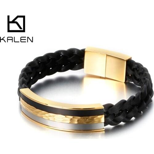 KALEN 21.5cm Black Genuine Leather Bracelet Men Stainless Steel Hip Hop Biker Bracelet Jewelry