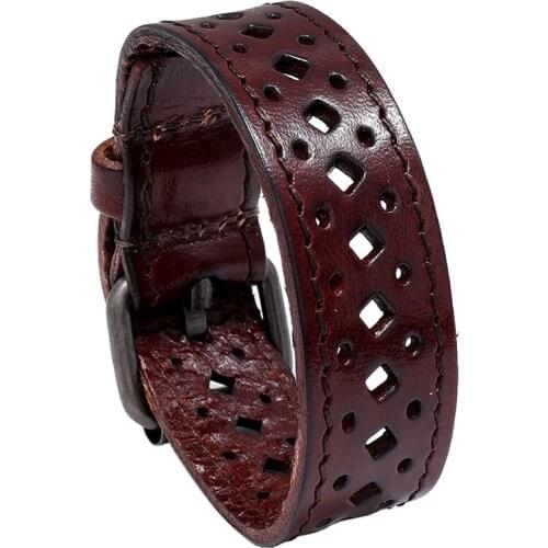 PU Leather Bracelet Retro Hollow Mens Wide Leather Bracelet