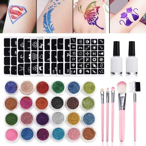 Glitter Tattoos Kit 24 Colors Glitter Powders + 120 Unique Tattoo Stencil + 7 Tools for Kid Adults Body Face Art Design