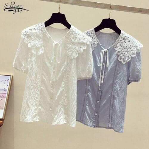 Summer 2021 New Fashion Belly Cover Elegant Sweet Shirt Doll Collar Lace Stitching Chiffon Blouse Womens Short Sleeve Top 14747