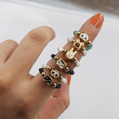 Natural Stone Crystal Beads Cute Animal Head Rings For Women Gilded Handmade Fashion Korean Decorations For Girls