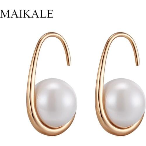 MAIKALE New Fashion 10MM Pearl Earrings Gold Silver Color Hook Earrings with Pearl Stud Earrings for Women Classic Jewelry Gifts