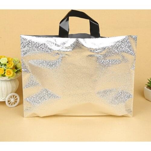 New Silver Shopping Clothes Packaging Handel Bags 10pcs Boutique Bags Plastic Bag With Black Handle Pouches 35x30cm