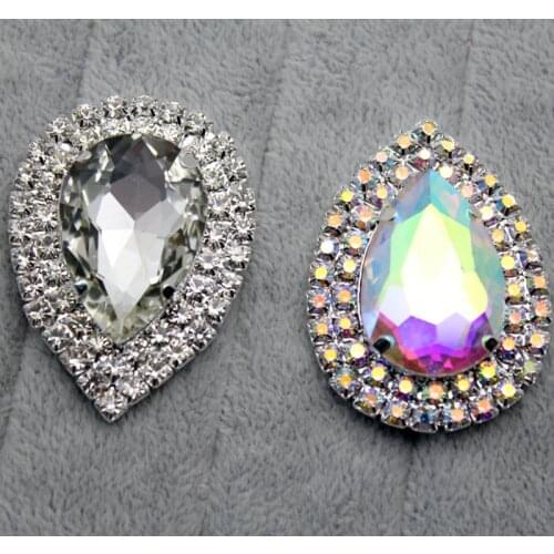 2pcs 35*47mm Crystal Waterdrop Glass Sew On Rhinestone With 4 Holes FlatBack Stone With Metal Silver Base Sewing On Party Dress