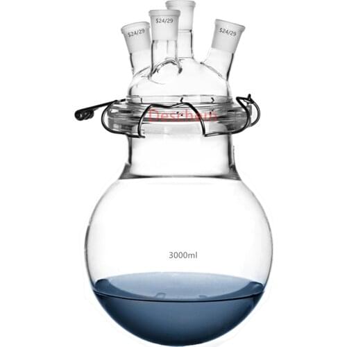 3000ml 24/29 Glass Reaction Reactor 4 Neck Round Bottom Reaction Kettle W/Lid & Steel Clamp