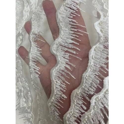 5yards/pc) Top grade white African tulle lace fabric with fantastic beads embroidery 2021 New French net lace for dress FVS007